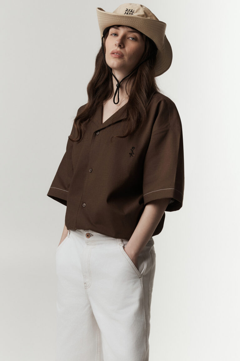 Brown Linen-Edge Short Sleeve Shirt