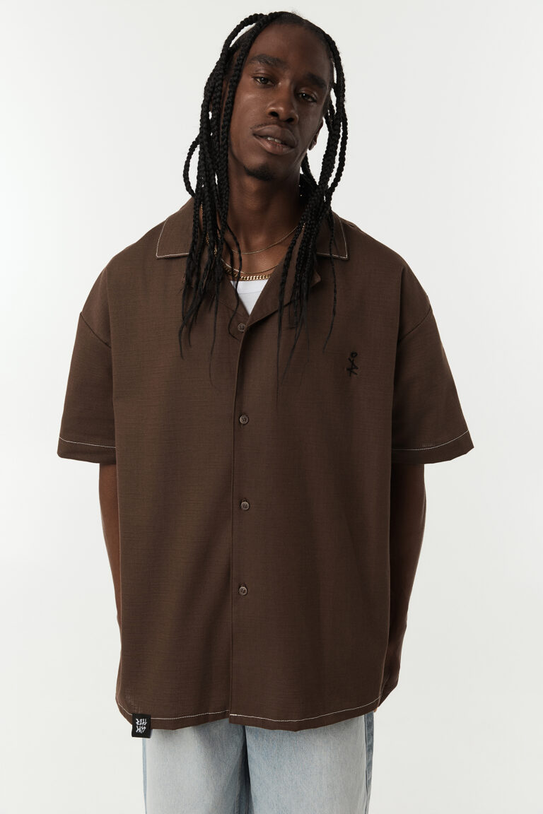 Brown Linen-Edge Short Sleeve Shirt
